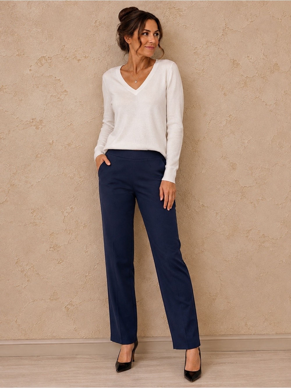 VIV Collection Straight Trouser Pants Wrinkle Free 32” Inseam Navy Medium